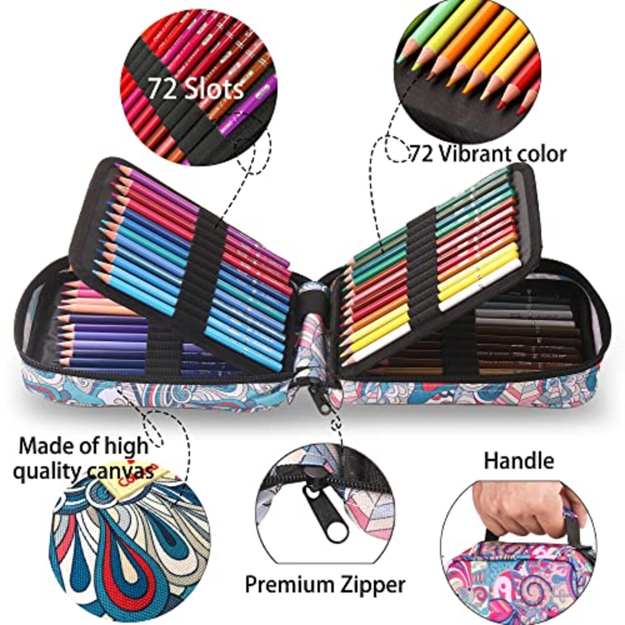 Premium Colored Pencils for Adult Coloring Book,Set of 72 Colors,Zipper Pencil Slot Case,with Sharpener,Soft Core,7 Metallic Color,Ideal for Layering Blending,for Artists Beginners Kids(Blue)